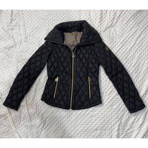 MICHAEL KORS Black Lightweight Diamond Quilted Down Jacket Gold Hardware Sz XS